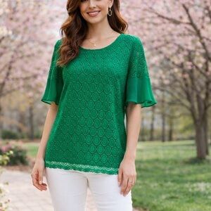 Green Lace Layered Blouse Valerie Stevens Size Small